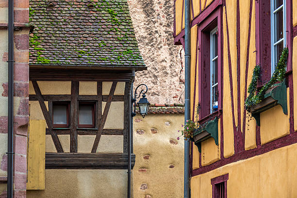 A close-up view of traditional half-timbered houses in Riquewihr, France, showcasing vibrant yellow and red painted facades with exposed wooden beams. Moss-covered rooftops and decorative window boxes add charm to this picturesque Alsatian village.