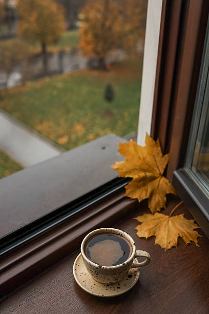 istock Coffee cup and autumn leaves on a windowsill with a scenic view 2236132728