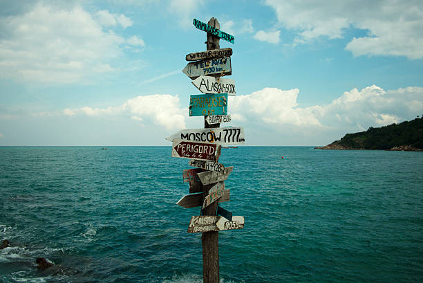 Thailand, Koh Phangan - January 27, 2017: Handmade wooden signs showing direction and distance to well-known cities throughout the world. Turquoise water surface with small waves. Sunny blue sky.