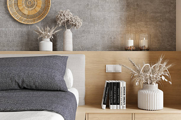 istock Japandi Bedroom Interior with Light Wood Bed and Textured Wall Accents 2236157796