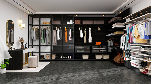 istock Modern Luxury Walk-In Closet Interior with Wardrobe and Dressing Table, 3D Rendering 2236158282