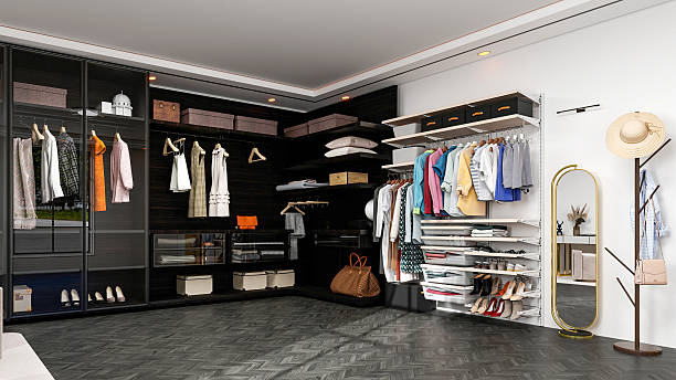 istock Modern Luxury Walk-In Closet Interior with Wardrobe and Dressing Table, 3D Rendering 2236158345