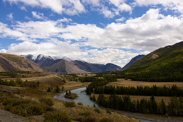 A serene river flows through a valley surrounded by mountains, the Altai mountain landscape is characterized by lush greenery along the river banks and arid fields.