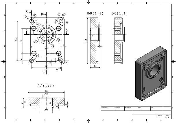 detailed engineering drawing of a mechanical component, housing or mounting plate, various views and dimensions CAD design