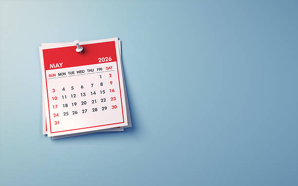 istock May 2026 Calendar on Light Blue Background, White pushpin 2236177003