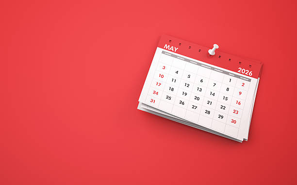 istock May 2026 Calendar on Red Background, Pinned with White Thumbtack 2236177047