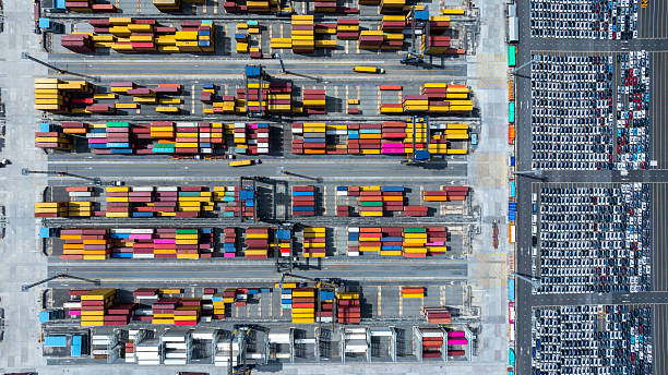 istock Aerial view global business logistic transportation container cargo international terminal port, Container cargo industrial import export port by container cargo ship, Sea freight shipping container. 2236182434