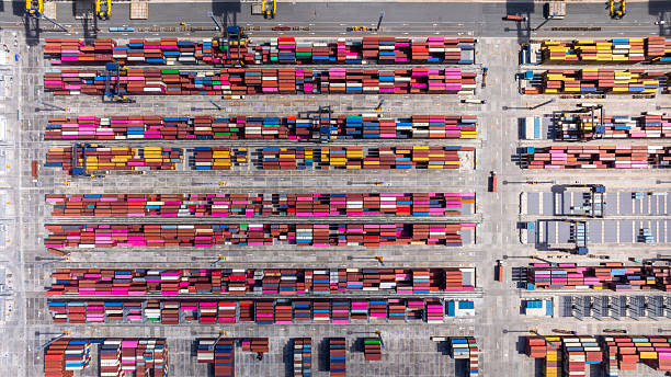 istock Aerial view global business logistic transportation container cargo international terminal port, Container cargo industrial import export port by container cargo ship, Sea freight shipping container. 2236183616