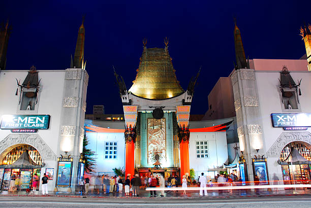 Hollywood, CA, USA June 8, At night, people walk around the illuminated Graumann Chinese Theater, looking at movie stars footprints in Hollywood, California