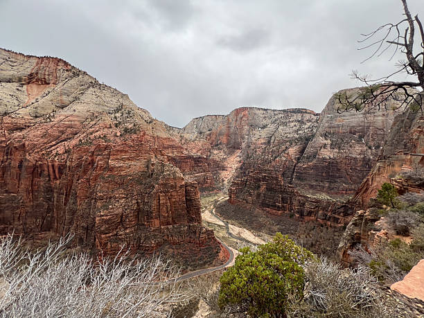 Experience the Stunning and Majestic View of Zion Canyon Under the Overcast Skies stock photo