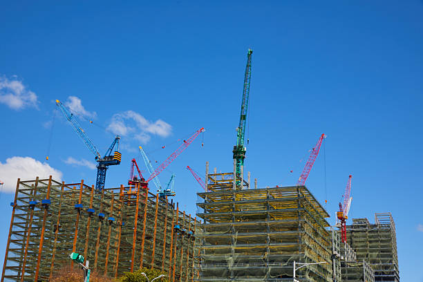 Multiple tower cranes rise above skeletal steel structures wrapped in safety netting at a large construction site. Clear sky and bright daylight emphasize scale, engineering, and real-estate growth. Conceptual image for infrastructure, investment, and building industry themes. Horizontal; no people.