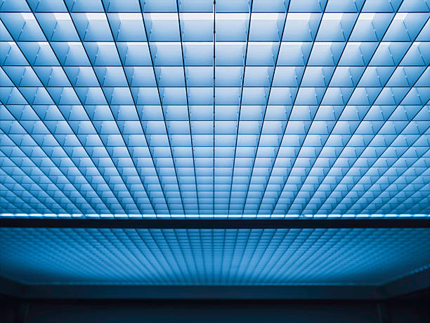 Geometric architecture pattern Blue Metal perspective wall neon light Futuristic Art background