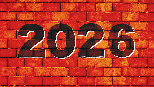 istock Creative horizontal vector 2026 New Year backgrounds or poster or banner with text in black smudged color gradient over textured rustic red rust brick wall backdrop. 2236195915