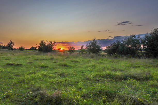 A tranquil landscape with a sunset over an open field, illuminating the horizon with orange and pink hues. The photograph conveys an atmosphere of calm and the end of the day, creating a picturesque scene of the countryside.