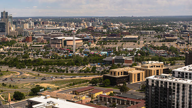istock Sweeping skyline view of Jefferson Park district with downtown Denver in background. Commercial and residential development, Ball Arena and waterpark across Colorado urban landscape. 2236198103