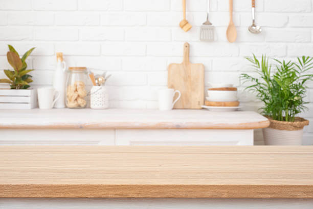 istock Clean countertop for cooking healthy food against blurred background with rustic kitchen interior 2236208057
