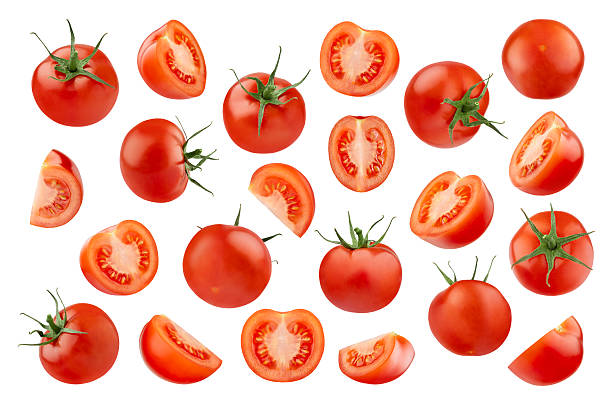 istock Cherry tomatoes pattern, isolated, background. Mix of perfect organic cherry tomatoes, whole, sliced, with juicy pulp and green stems, isolated, studio shot. Perfect for nutrition product branding. 2236211849