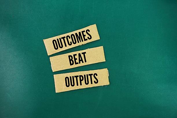 Paper with the words OUTCOMES BEAT OUTPUTS. principle prioritizing achieving desired results outcomes over merely producing tangible activities or deliverables outputs
