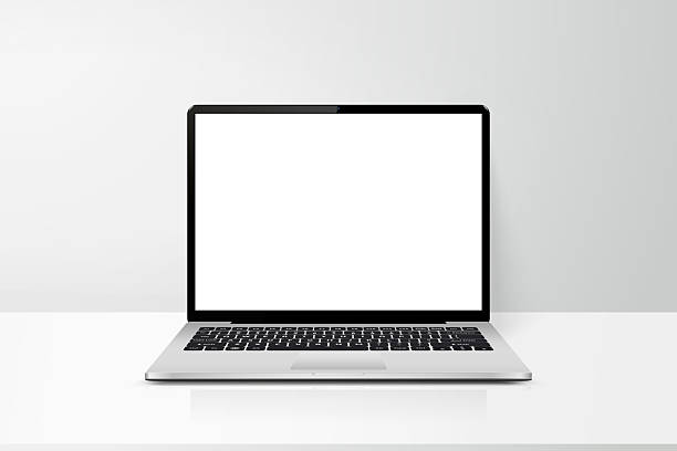 ilustrações de stock, clip art, desenhos animados e ícones de laptop with blank screen on table realistic mock up vector illustration - computador portátil