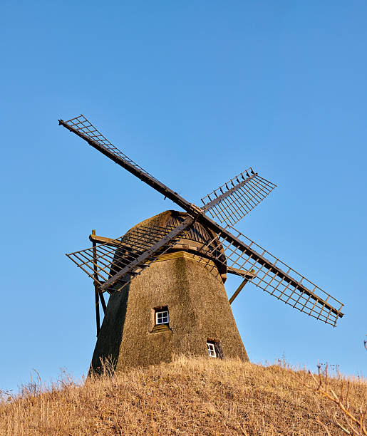 A charming Danish windmill stands serenely on a dry grassy hill under a clear azure sky, evoking historical agricultural traditions and the pastoral elegance of Denmark's rural heritage.