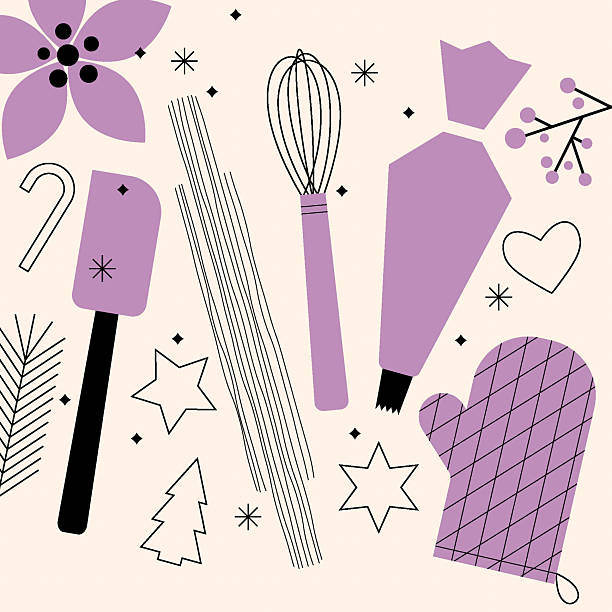 Dessert ingredients and utensils on pastel background. Baking Christmas gingerbread cookies. Flat vector illustration isolated. Trendy abstract style. Festive food, family culinary, holiday baking.