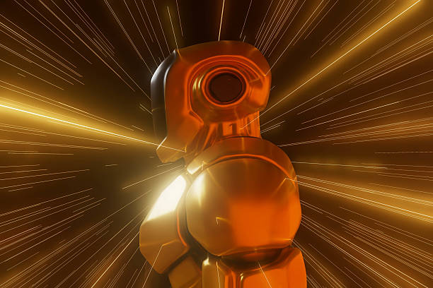 A robot with a gold helmet and a gold chest. The robot is in a bright yellow color