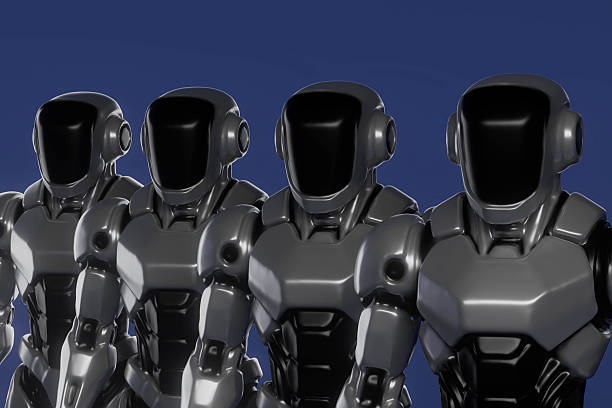 istock Four robots with black faces and silver bodies 2236230415