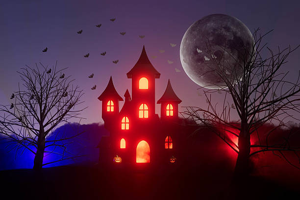 istock A red castle with a large moon in the background, halloween concept 2236230571