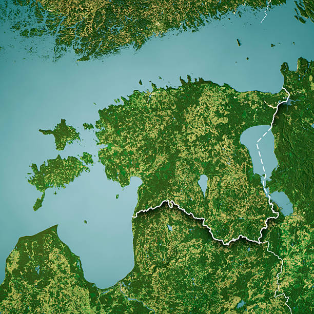 3D Render of a Satellite Topographic Map of Estonia.\nAll source data is in the public domain.\nColor and Water texture: Contains modified Copernicus Sentinel data (2020) courtesy of ESA.\nURL of source image: https://dataspace.copernicus.eu/explore-data/data-collections/sentinel-data/sentinel-2\nRelief texture: SRTM data courtesy of NASA JPL (2020). URL of source image:\nhttps://lpdaac.usgs.gov/products/srtmgl1v003/