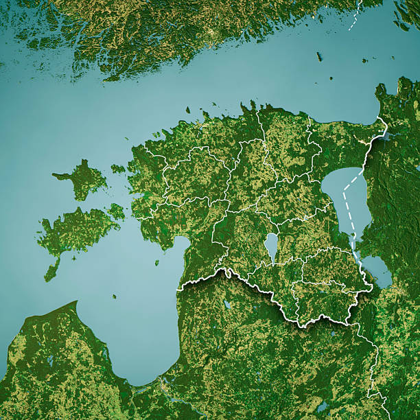 3D Render of a Satellite Topographic Map of Estonia.\nAll source data is in the public domain.\nColor and Water texture: Contains modified Copernicus Sentinel data (2020) courtesy of ESA.\nURL of source image: https://dataspace.copernicus.eu/explore-data/data-collections/sentinel-data/sentinel-2\nRelief texture: SRTM data courtesy of NASA JPL (2020). URL of source image:\nhttps://lpdaac.usgs.gov/products/srtmgl1v003/