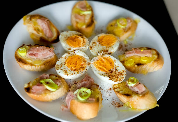 Mini Baguette Bite Sandwiches with British Honey Glazed Ham, Leek, Cheddar Cheese and Egg, Party Food