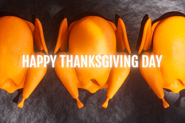 Happy Thanksgiving Day Neon Text with Turkey on Black Background. Digitally generated image. 3d render.