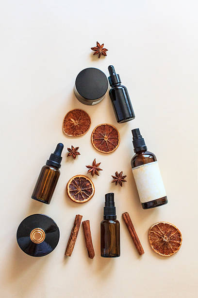 Winter skincare routine arranged in Christmas tree shape with natural ingredients