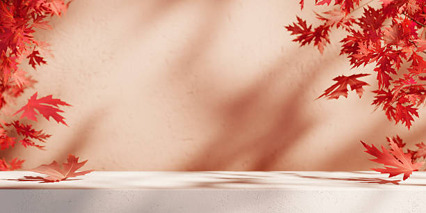 istock Autumn background table with fallen red maple leaves. Natural seasonal home decor for fall season, thanksgiving and holiday showroom. Product placement display countertop. 2236243547
