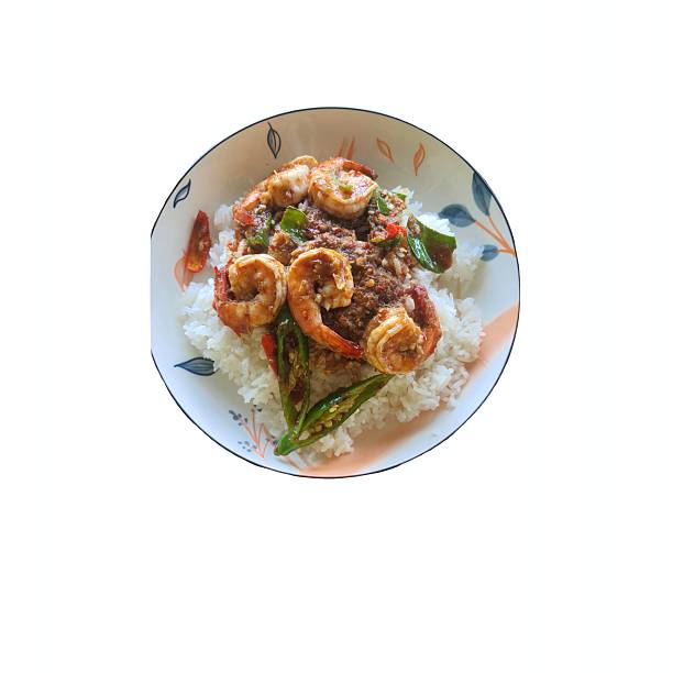 Spicy stir-fried shrimp served with rice, Thai food