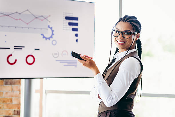 istock Confident businesswoman presenting analytics with graphs on screen in a modern office environment 2236246095