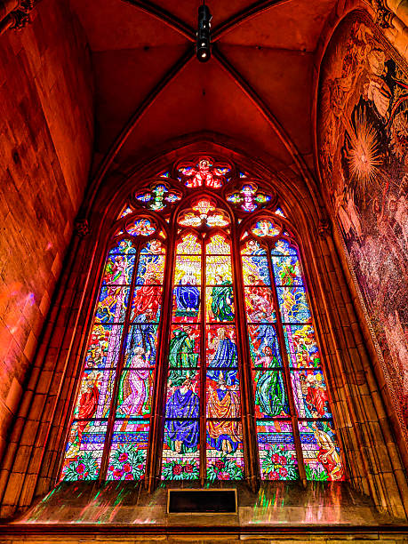 istock Colorful stained glass window in historic cathedral interior 2236253929