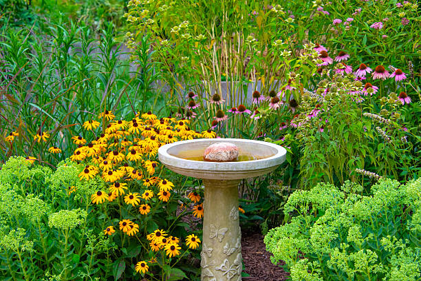 A natural pink & gray granite boulder anchors a xeriscape summer garden in drought-prone Colorado.  Full of native shrubs & perennials.See SIMILAR: