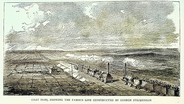istock History transport, Chat Moss, early steam trains on the railway line constructed by George Stephenson, Vintage illustration, 19th Century 2236265736