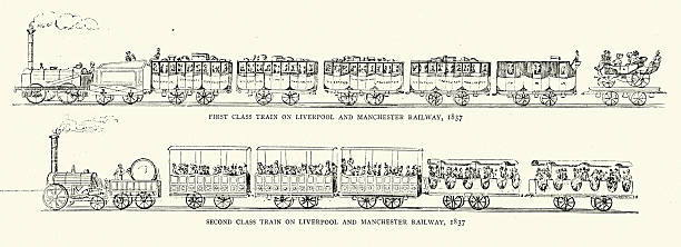 History railways, First and Second class trains on the Liverpool and Manchester railway, 1837, Vintage illustration, 19th Century