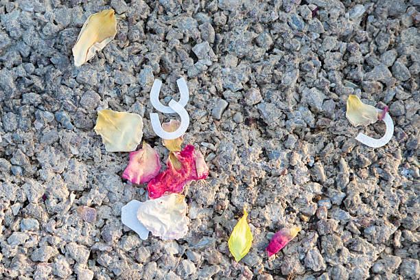 Thrown wedding confetti on a stone floor