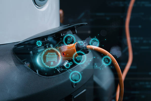 istock Electric car charging with futuristic technology interface 2236278258