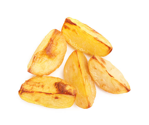 istock Tasty baked potatoes isolated on white, top view 2236281255