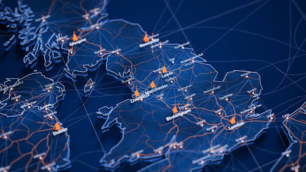 istock Manchester map big data visualization. Futuristic map infographic of city in England. Visual map data complexity in modern blue and orange colors 2236281902