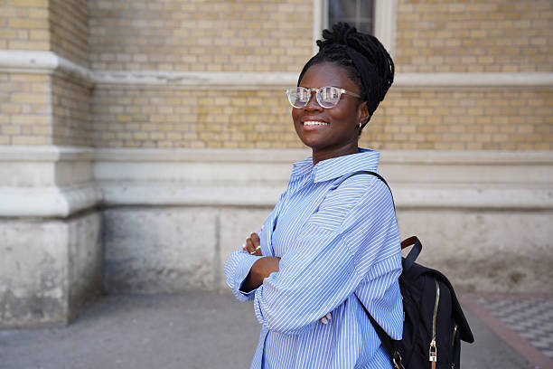 istock Confident Young Woman with Backpack in Front of University Building 2236284955