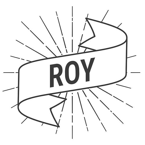 Roy - Male first name. Banner, ribbon, label with a thin black outline and light rays. Trendy black and white illustration isolated on a blank background for your own design. Vector Illustration (EPS file, well layered and grouped). Easy to edit, manipulate, resize or colorize. Vector and Jpeg file of different sizes.