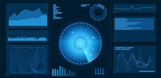 istock Realistic digital blue HUD radar display in searching, vector graphs and charts of signal interface, navy or air sonar 2236294276