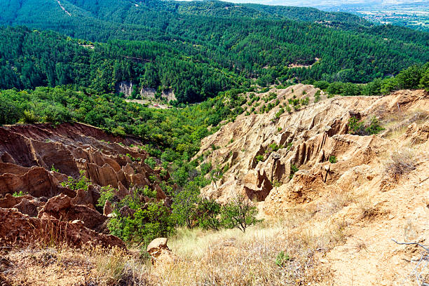 Panoramic view of the Stob Pyramids in Bulgaria, unique sandstone formations shaped by erosion, located near the Rila Mountains.