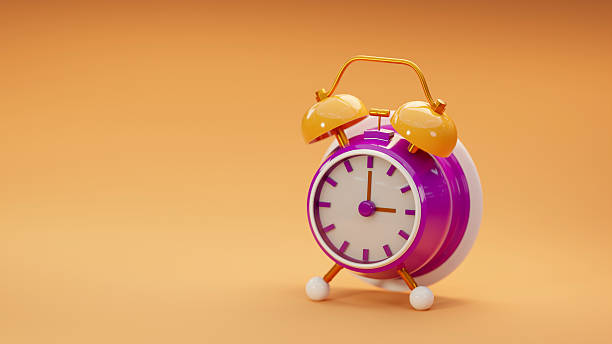 istock Purple vintage alarm analog clock on orange background. 3d render. 2236299803