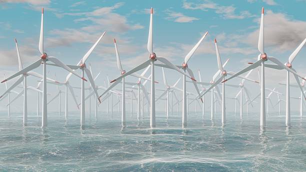 istock Many wind turbines in blue ocean. Renewable clean energy eco concept. 3d render. 2236300174